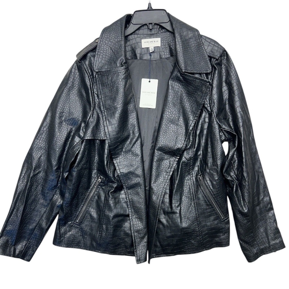Skies Are Blue Curvy Jacket Women‎ 2X Black Open Croc Embossed Faux Leather Moto